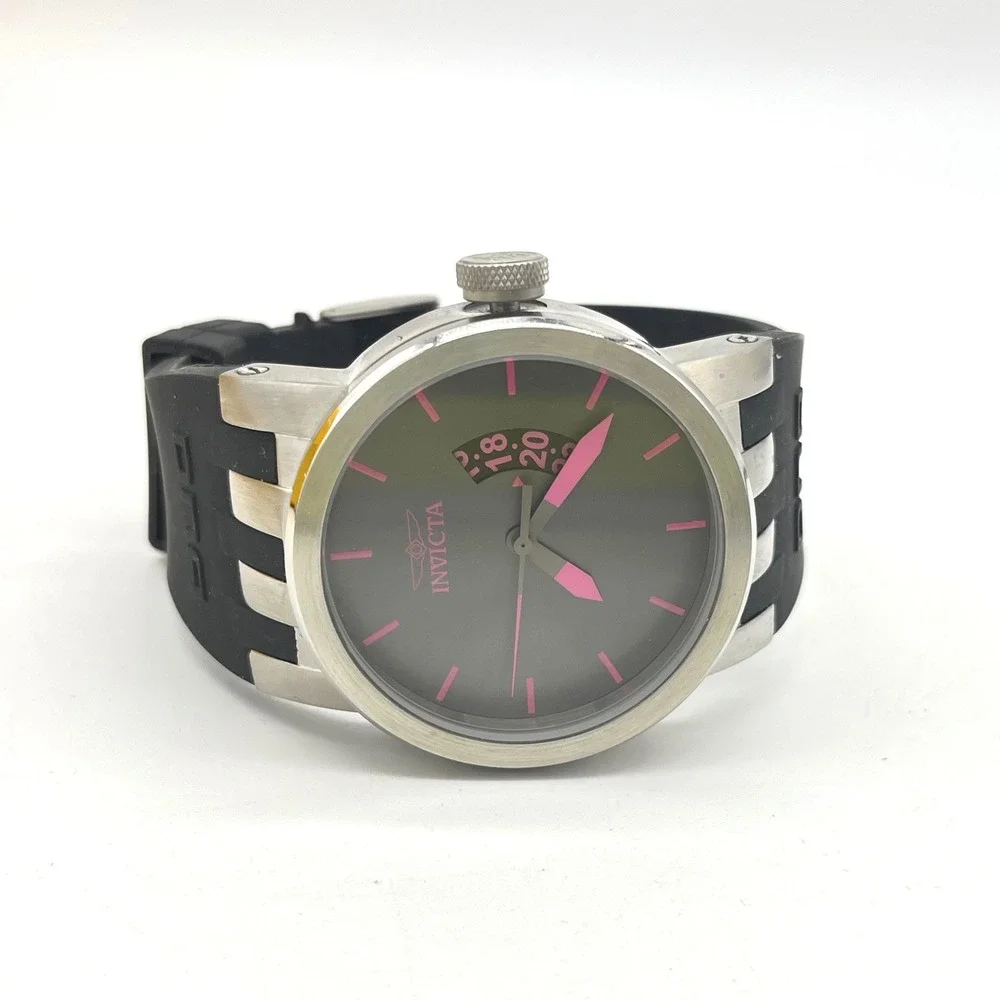 Invicta DNA Urban‎ 10408 Mens Watch Grey Dial Pink Accents Black Silicone Strap